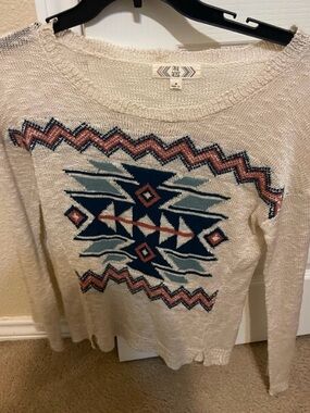 Pink Rose Cream Sweater with Navy & Dusty Blue Aztec Design